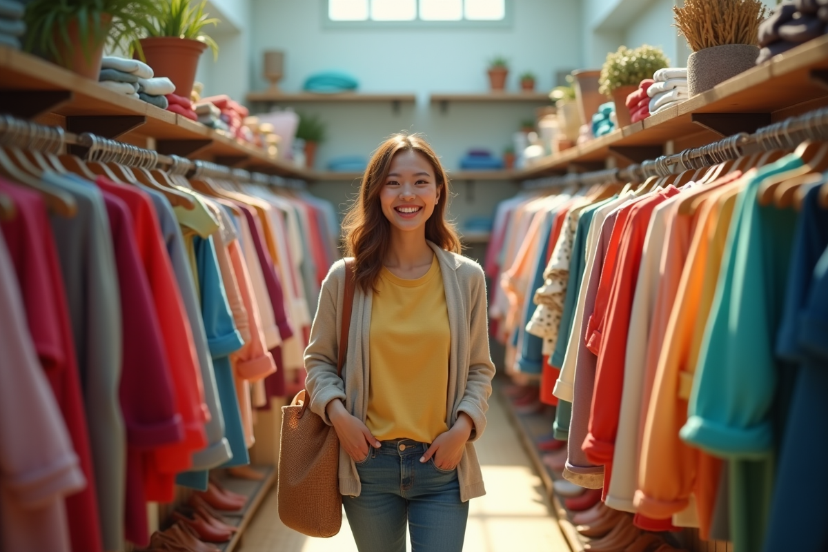 Femme souriante dans une salle lumineuse avec vêtements colorés