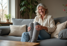 Comment sélectionner des chaussettes en pilou-pilou adaptées à chaque saison ? Femme assise sur un canapé avec chaussettes piloupilou