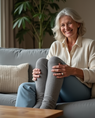 Femme assise sur un canapé avec chaussettes piloupilou