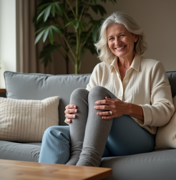 Comment sélectionner des chaussettes en pilou-pilou adaptées à chaque saison ? Femme assise sur un canapé avec chaussettes piloupilou