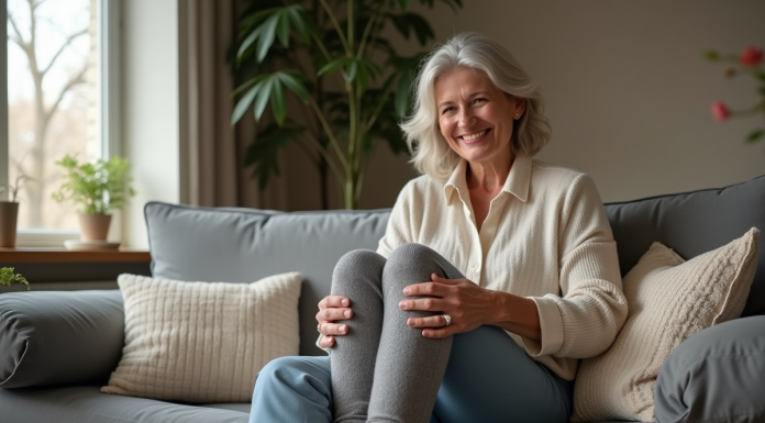 Femme assise sur un canapé avec chaussettes piloupilou