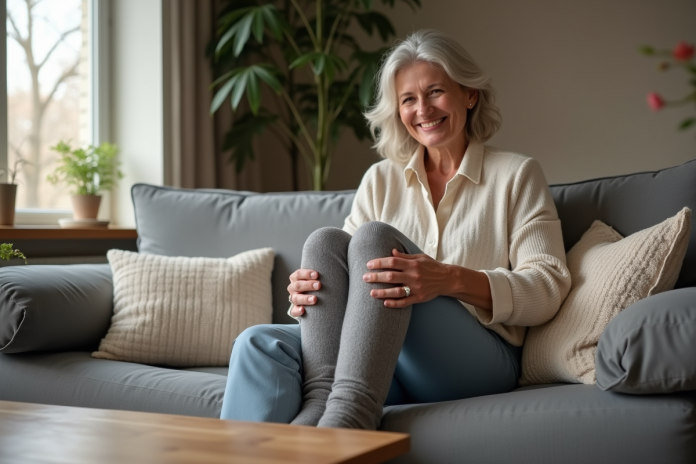 femme-salon-piloupilou-socks Femme assise sur un canapé avec chaussettes piloupilou