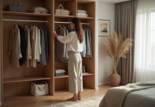 Quantité idéale de vêtements pour femme : Que posséder ? Femme choisissant un haut dans une garde-robe moderne