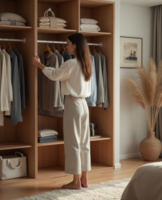 Femme choisissant un haut dans une garde-robe moderne