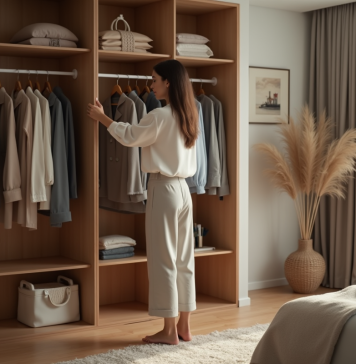 Quantité idéale de vêtements pour femme : Que posséder ? Femme choisissant un haut dans une garde-robe moderne