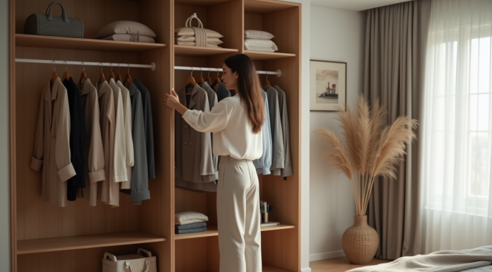 Femme choisissant un haut dans une garde-robe moderne