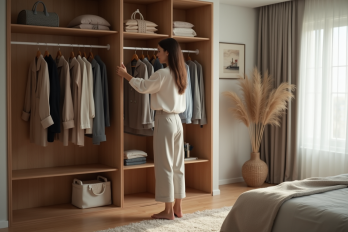 femme-selection-vetements-chambre Femme choisissant un haut dans une garde-robe moderne