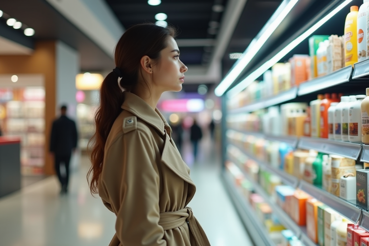 Jeune femme française regardant des produits dans un centre commercial