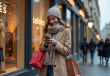 Jeune femme souriante avec sacs devant vitrine hiver