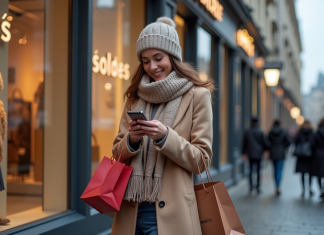 Dates soldes janvier 2025 : quand commencent-elles ? Infos et astuces Jeune femme souriante avec sacs devant vitrine hiver