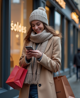 Jeune femme souriante avec sacs devant vitrine hiver