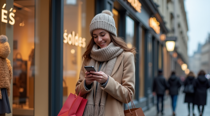 Jeune femme souriante avec sacs devant vitrine hiver