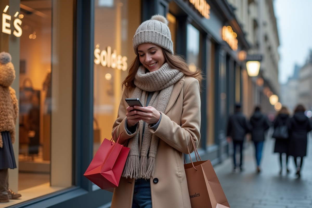 Jeune femme souriante avec sacs devant vitrine hiver