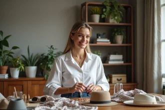 Femme élégante en blouse blanche et jeans haut de gamme