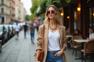 Femme élégante en blazer beige et jeans en ville