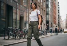Le pantalon cargo, entre utilité et tendance Jeune femme en cargo vert marche dans la ville