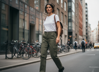 Le pantalon cargo, entre utilité et tendance Jeune femme en cargo vert marche dans la ville