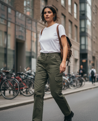 Jeune femme en cargo vert marche dans la ville