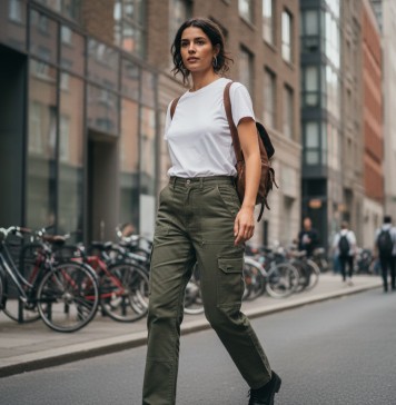 Le pantalon cargo, entre utilité et tendance Jeune femme en cargo vert marche dans la ville