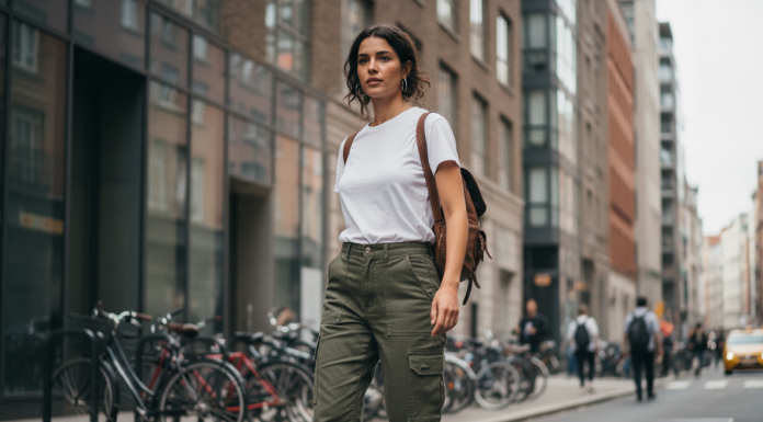 Jeune femme en cargo vert marche dans la ville