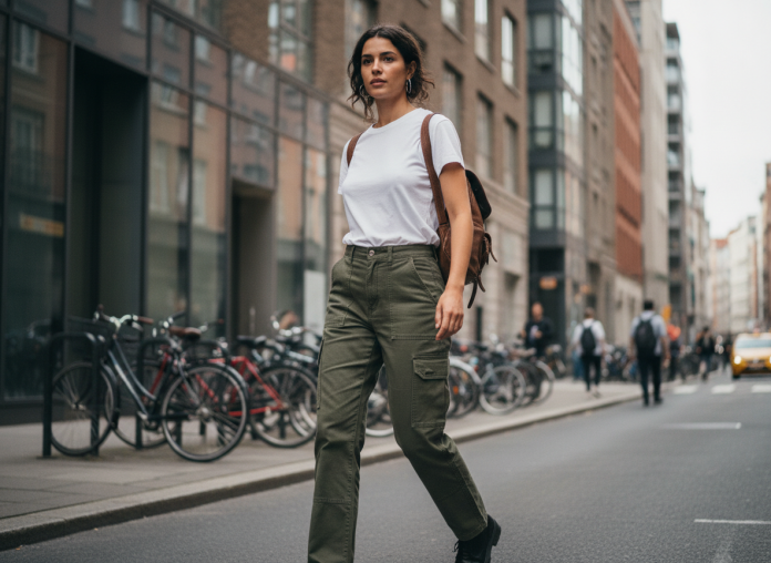 femme-urbaine-pantalon-cargo Jeune femme en cargo vert marche dans la ville