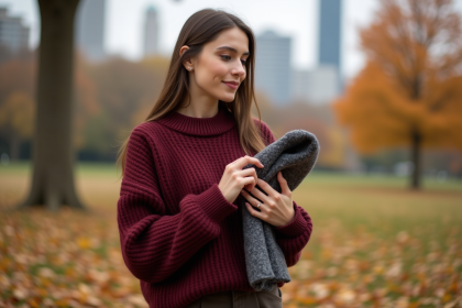 Femme en pull bordeaux et pantalons laine dans un parc automnal