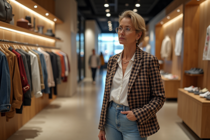 Femme d'âge moyen en tenue vintage dans une boutique moderne