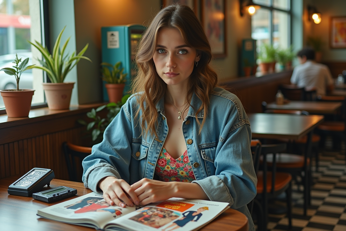 Femme vintage lisant un magazine dans un café rétro