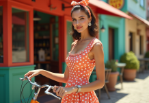 Femme en robe à pois vintage avec vélo devant café rétro