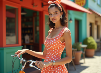 Réussir un look rétro avec une tenue vintage femme authentic Femme en robe à pois vintage avec vélo devant café rétro