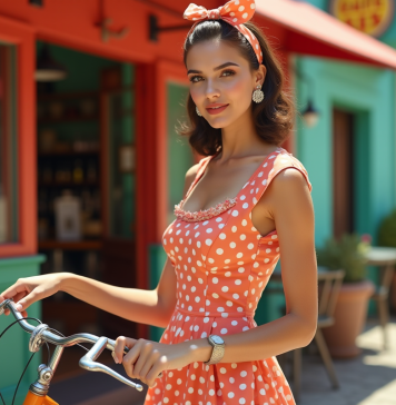 Réussir un look rétro avec une tenue vintage femme authentic Femme en robe à pois vintage avec vélo devant café rétro