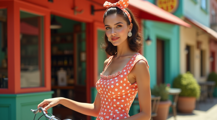 Femme en robe à pois vintage avec vélo devant café rétro