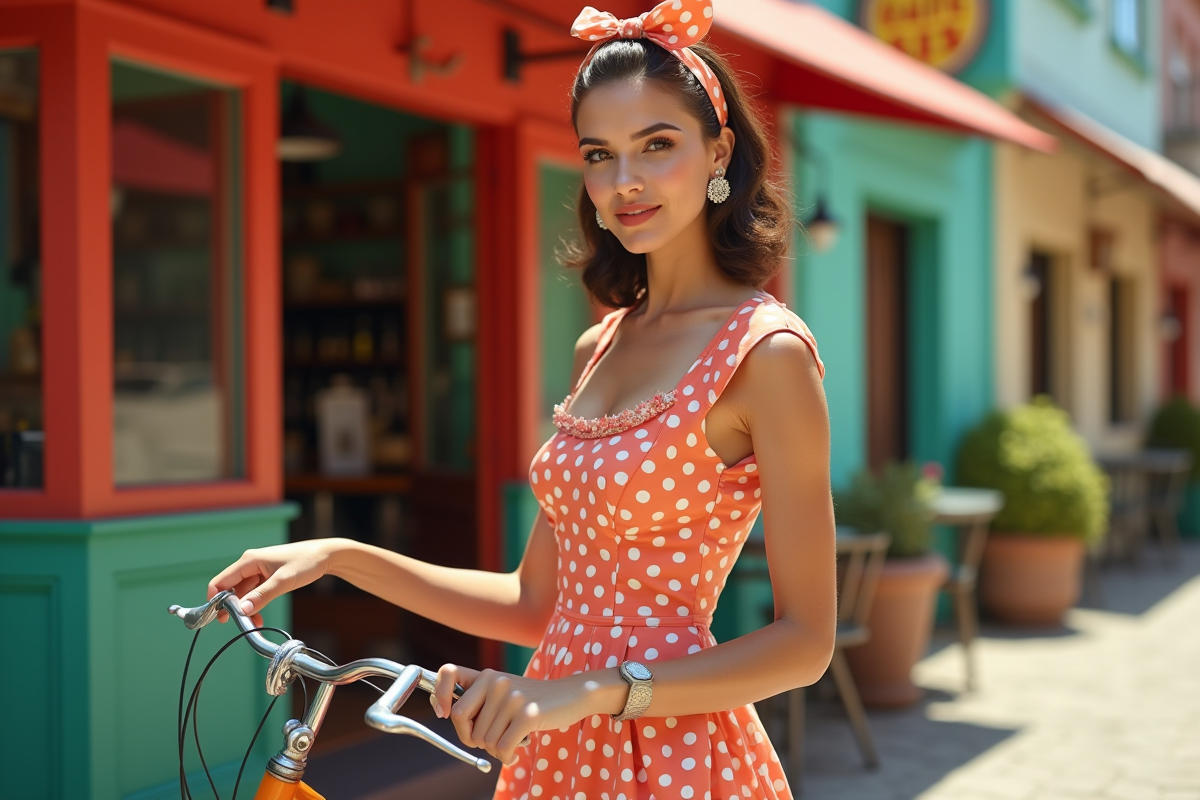 Femme en robe à pois vintage avec vélo devant café rétro