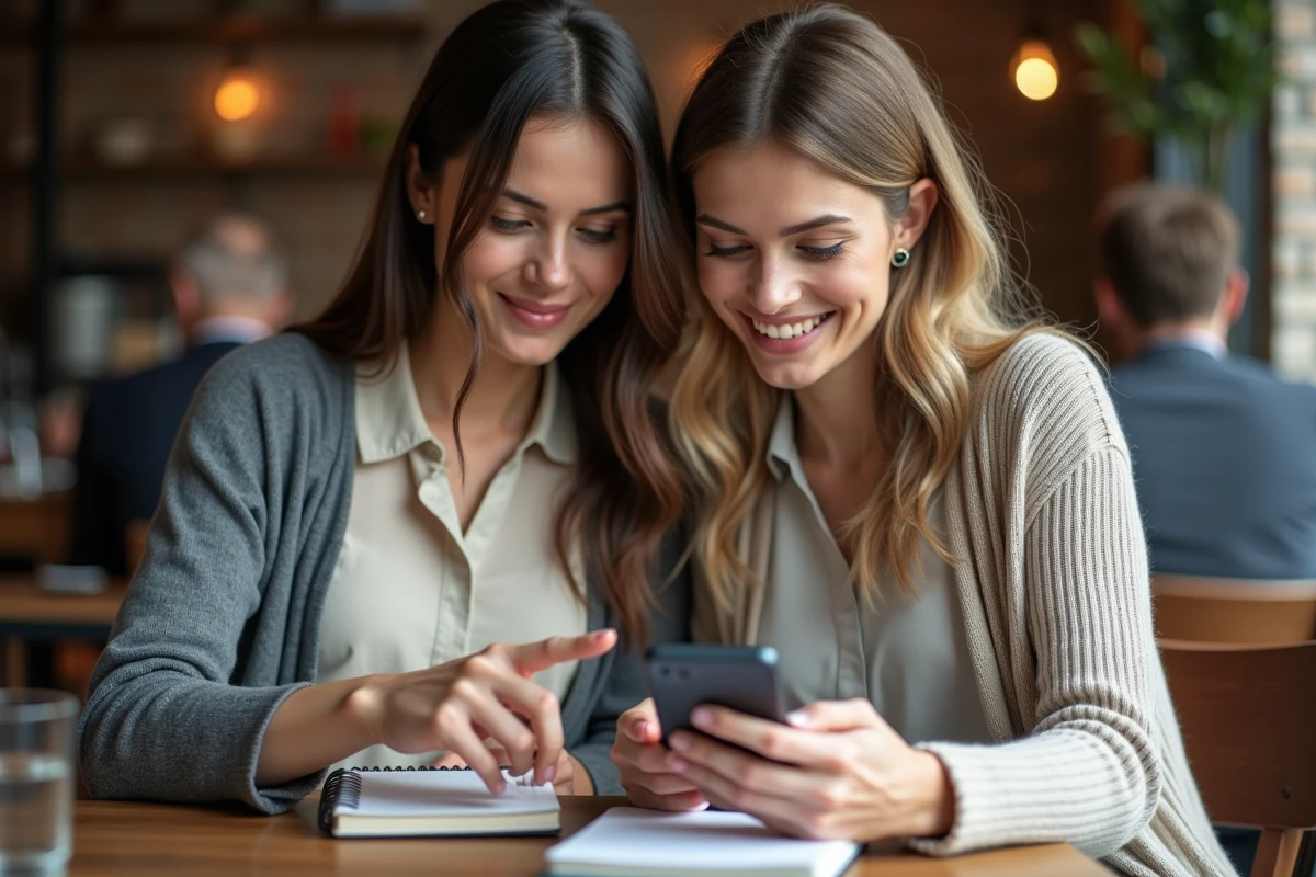Deux femmes dans un café consultant un convertisseur de tailles de vêtements sur smartphone pour acheter sur des boutiques étrangères