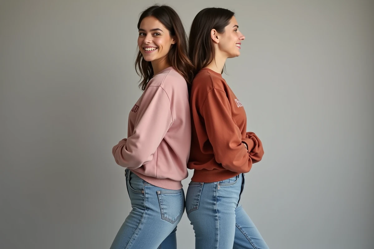 Deux femmes portant des sweatshirts personnalisés assortis avec broderie dos à dos en studio