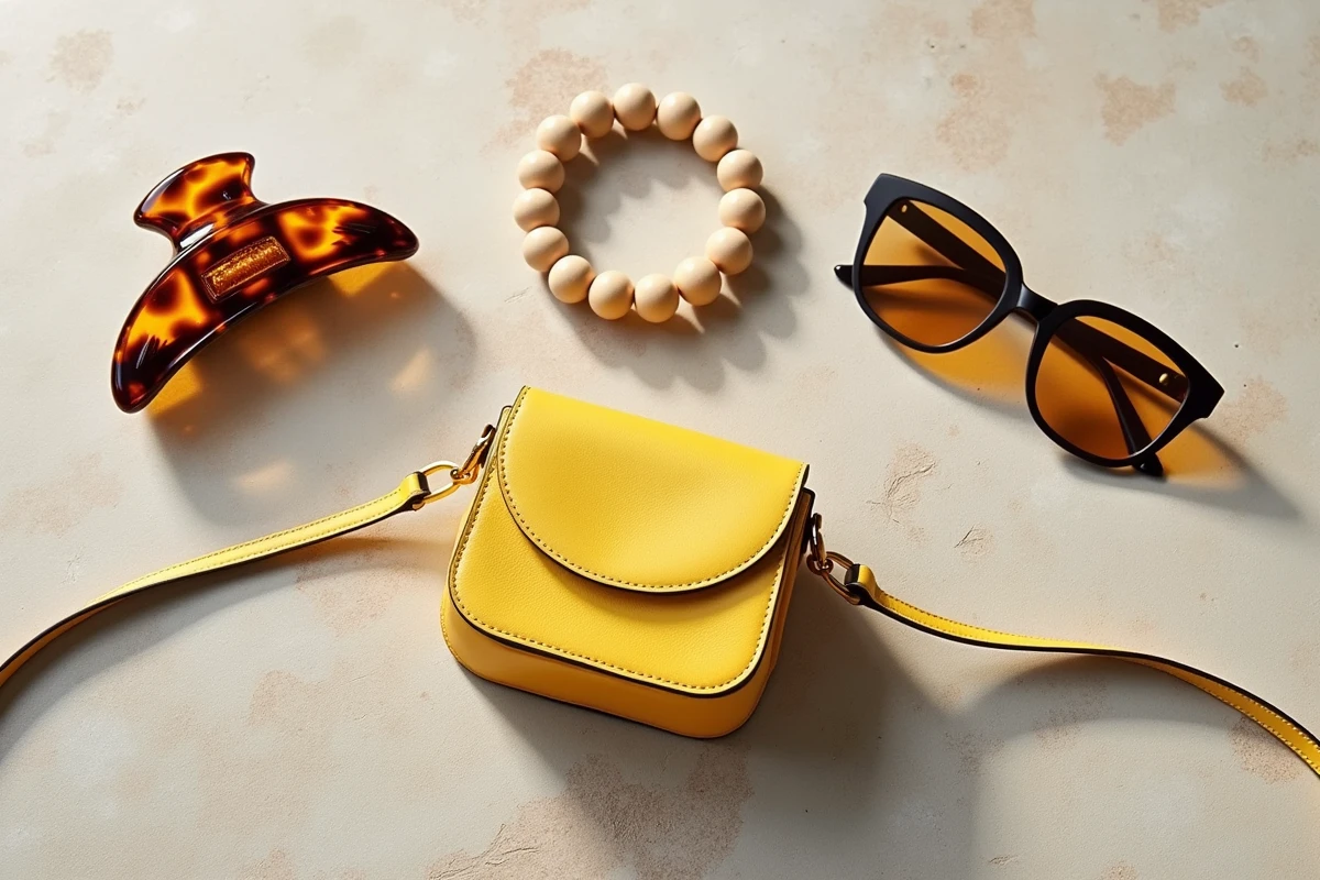 Flat lay d'accessoires abordables tendance 2026, incluant une pince à cheveux écaille, des lunettes ovales et un mini sac bandoulière jaune sur béton texturé