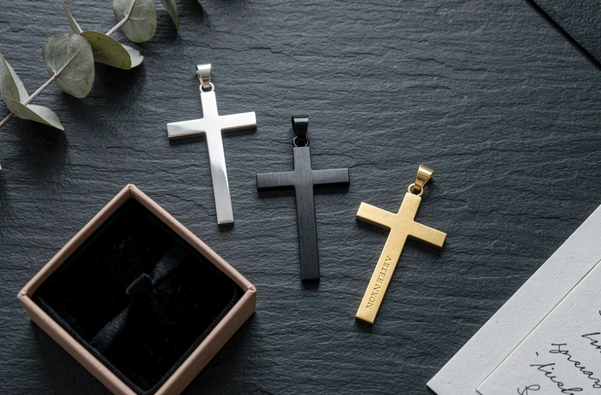 Flat lay de trois croix bijoux pour homme aux styles variés, argent, noir et or, présentés dans un écrin cadeau avec carte manuscrite