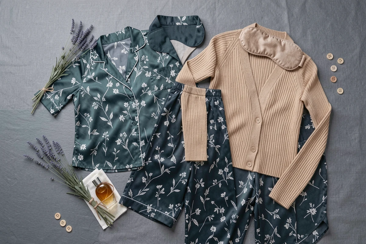Flat lay d'un ensemble pyjama fleur de nuit en satin bleu-vert avec cardigan en maille et accessoires cocooning sur fond lin gris