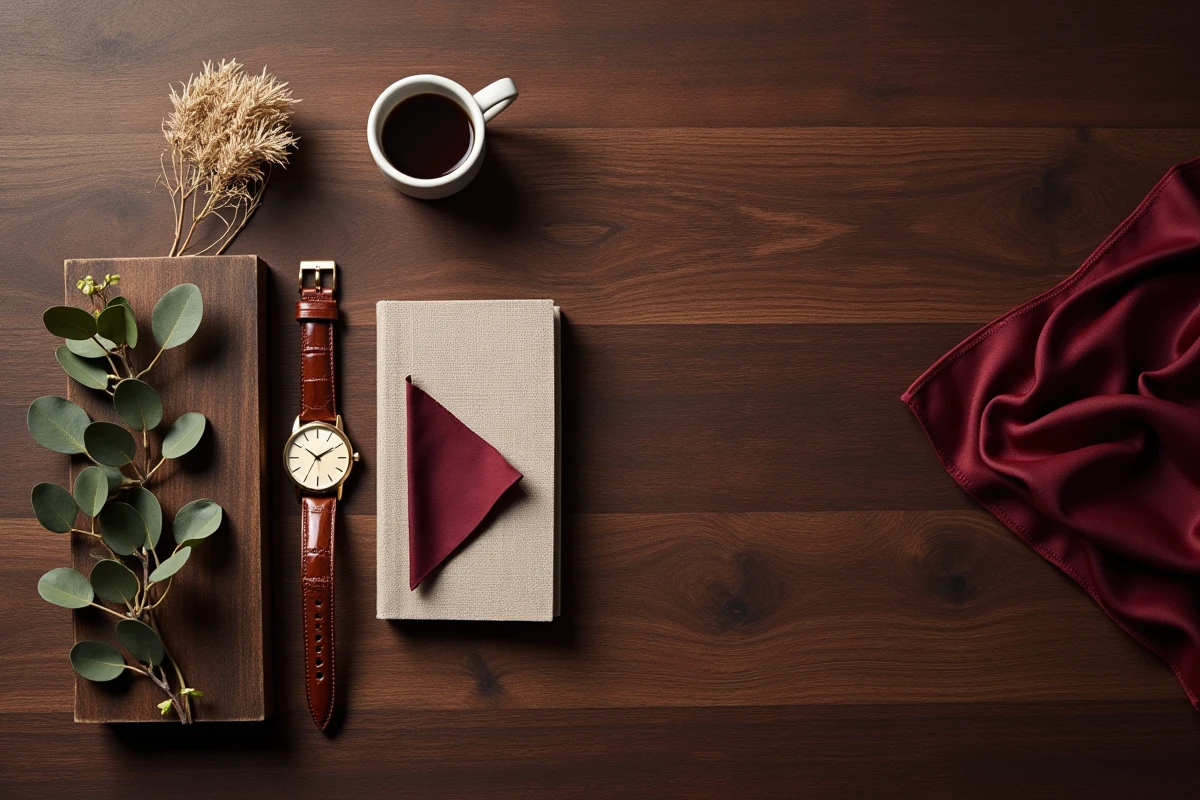 Flat-lay éditorial d'objets de luxe incluant montre, livre d'art et accessoires raffinés sur bois sombre