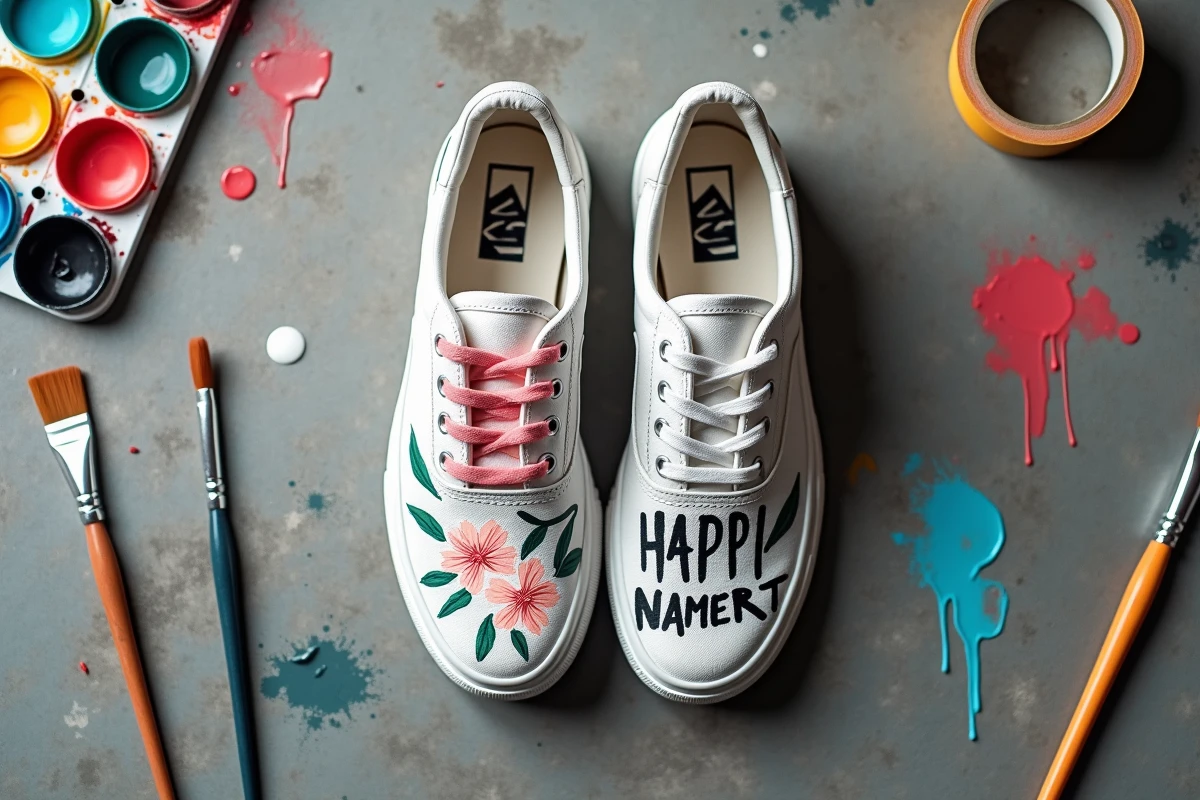 Vue aérienne de deux sneakers personnalisées avec motifs floraux et lettrage posées sur béton entourées de peintures et pinceaux