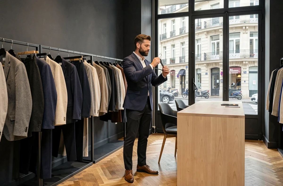 Boutique Goudron à Marseille spécialisée en mode masculine contemporaine avec des pièces designer sur des portants en métal sombre