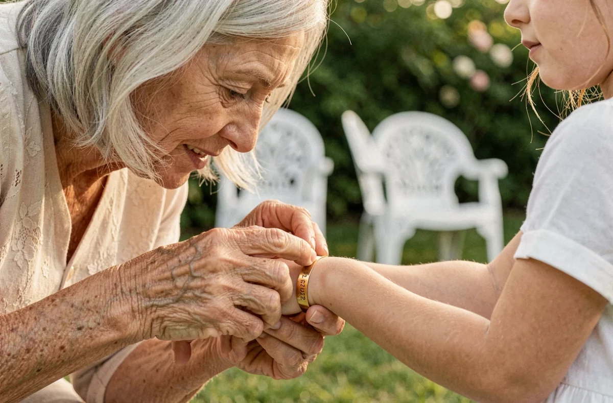 Grand-mère attachant un bracelet de communion en or au poignet de sa petite-fille dans un jardin décoré pour la célébration