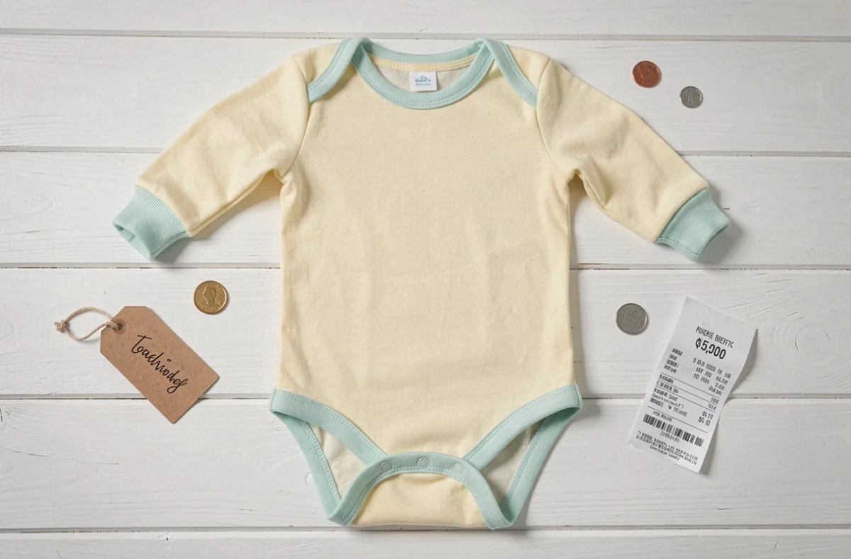Grenouillère bébé en coton pastel posée à plat avec des pièces de monnaie et une étiquette de prix, illustrant un achat économique et de qualité