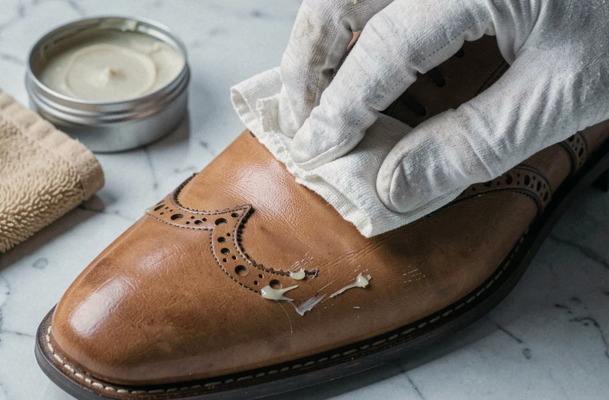 Gros plan d'une main gantée lustrant une chaussure brogue en cuir caramel avec un chiffon de polissage sur un plan en marbre