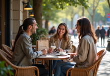 Groupe de trois adultes français discutant dans un café parisien