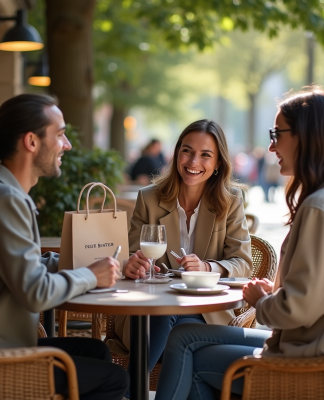 Groupe de trois adultes français discutant dans un café parisien