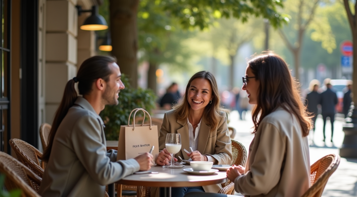 Groupe de trois adultes français discutant dans un café parisien