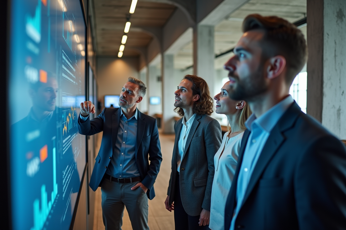 Groupe de professionnels divers discutant devant un mur digital