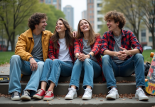 Groupe de jeunes en streetwear des années 90 dans un parc urbain