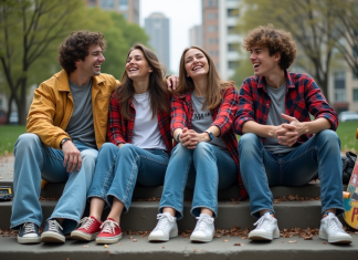 Tendance années 90 : popularité des années 90 décryptée Groupe de jeunes en streetwear des années 90 dans un parc urbain